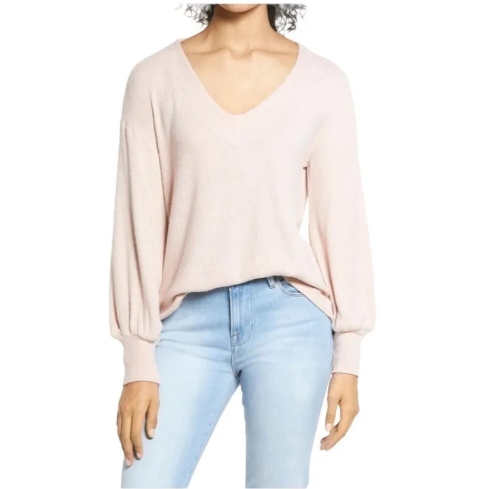 Evereve Pink V Neck Balloon Sleeve Hi Low Hem Fuzzy Sweater Size L